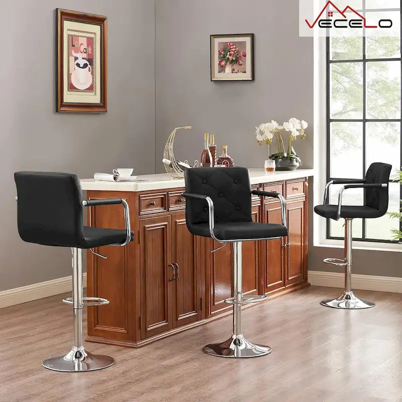 Tabourets de bar pivotants réglables en hauteur en cuir PU avec dossier et accoudoirs, lot de 4