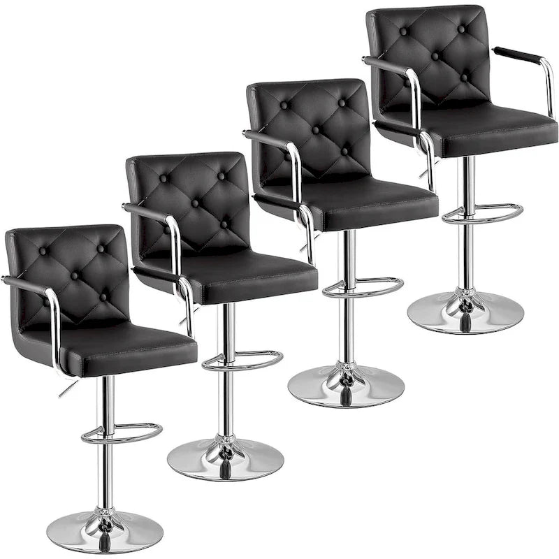 Tabourets de bar pivotants réglables en hauteur en cuir PU avec dossier et accoudoirs, lot de 4