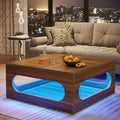 Table basse carrée de 43 pouces avec lumière LED, table centrale de cocktail en bois à 2 niveaux avec rangement pour salon, bureau à domicile