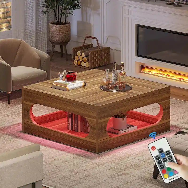 Table basse carrée de 43 pouces avec lumière LED, table centrale de cocktail en bois à 2 niveaux avec rangement pour salon, bureau à domicile