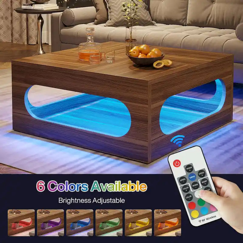 Table basse carrée de 43 pouces avec lumière LED, table centrale de cocktail en bois à 2 niveaux avec rangement pour salon, bureau à domicile