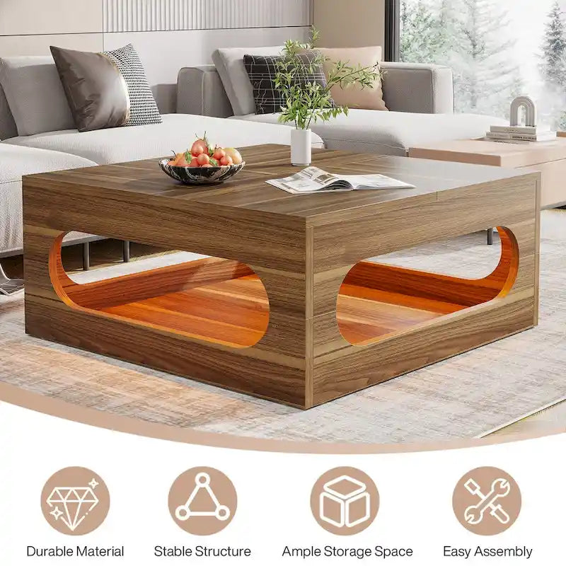 Table basse carrée de 43 pouces avec lumière LED, table centrale de cocktail en bois à 2 niveaux avec rangement pour salon, bureau à domicile