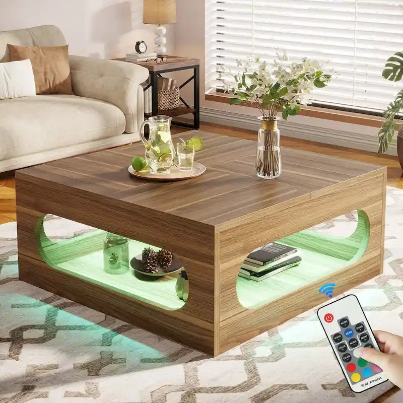 Table basse carrée de 43 pouces avec lumière LED, table centrale de cocktail en bois à 2 niveaux avec rangement pour salon, bureau à domicile