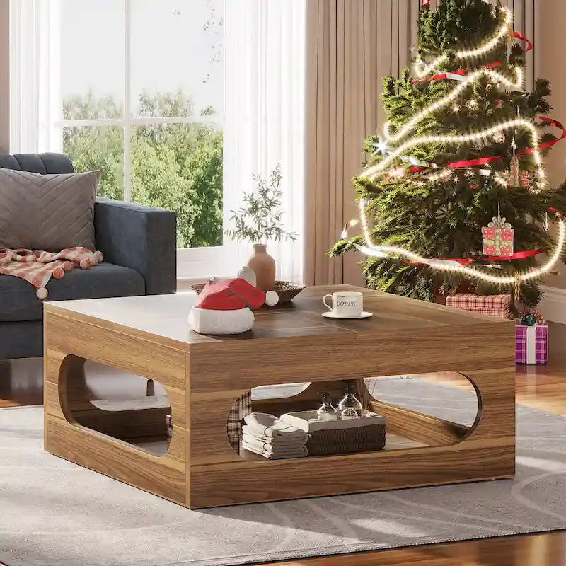 Table basse carrée de 43 pouces avec lumière LED, table centrale de cocktail en bois à 2 niveaux avec rangement pour salon, bureau à domicile