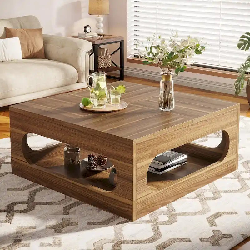 Table basse carrée de 43 pouces avec lumière LED, table centrale de cocktail en bois à 2 niveaux avec rangement pour salon, bureau à domicile