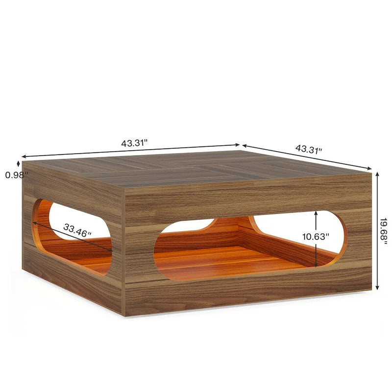 Table basse carrée de 43 pouces avec lumière LED, table centrale de cocktail en bois à 2 niveaux avec rangement pour salon, bureau à domicile