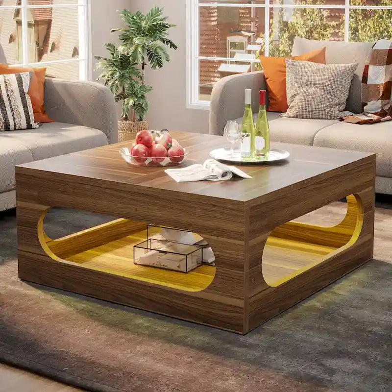 Table basse carrée de 43 pouces avec lumière LED, table centrale de cocktail en bois à 2 niveaux avec rangement pour salon, bureau à domicile