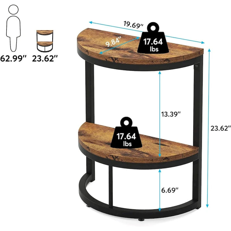 Table d'appoint demi-ronde à 2 niveaux avec rangement pour canapé, salon