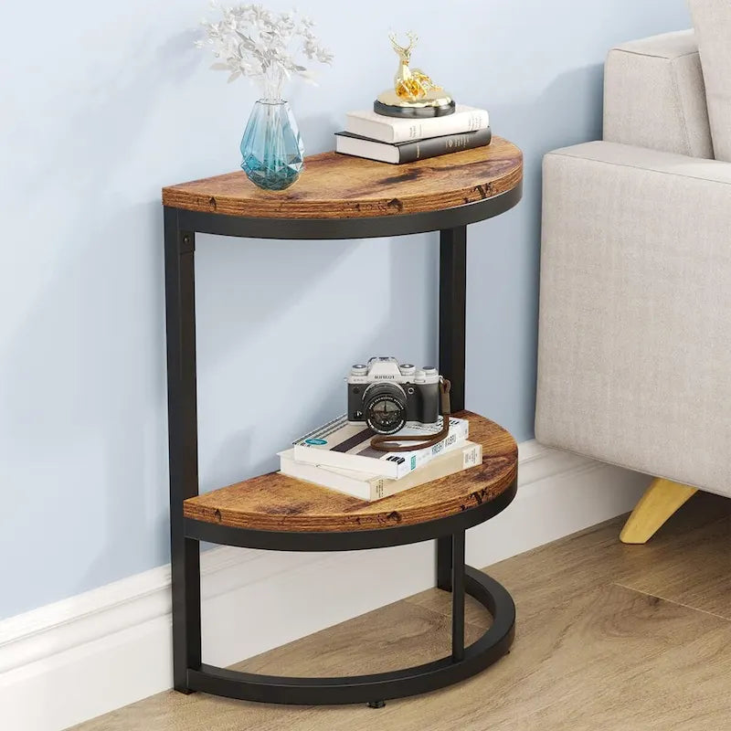 Table d'appoint demi-ronde à 2 niveaux avec rangement pour canapé, salon