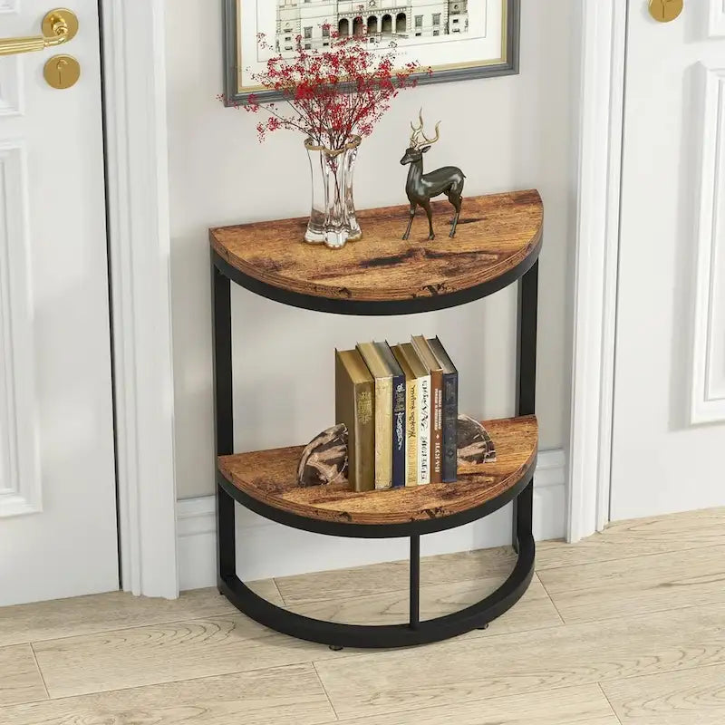 Table d'appoint demi-ronde à 2 niveaux avec rangement pour canapé, salon