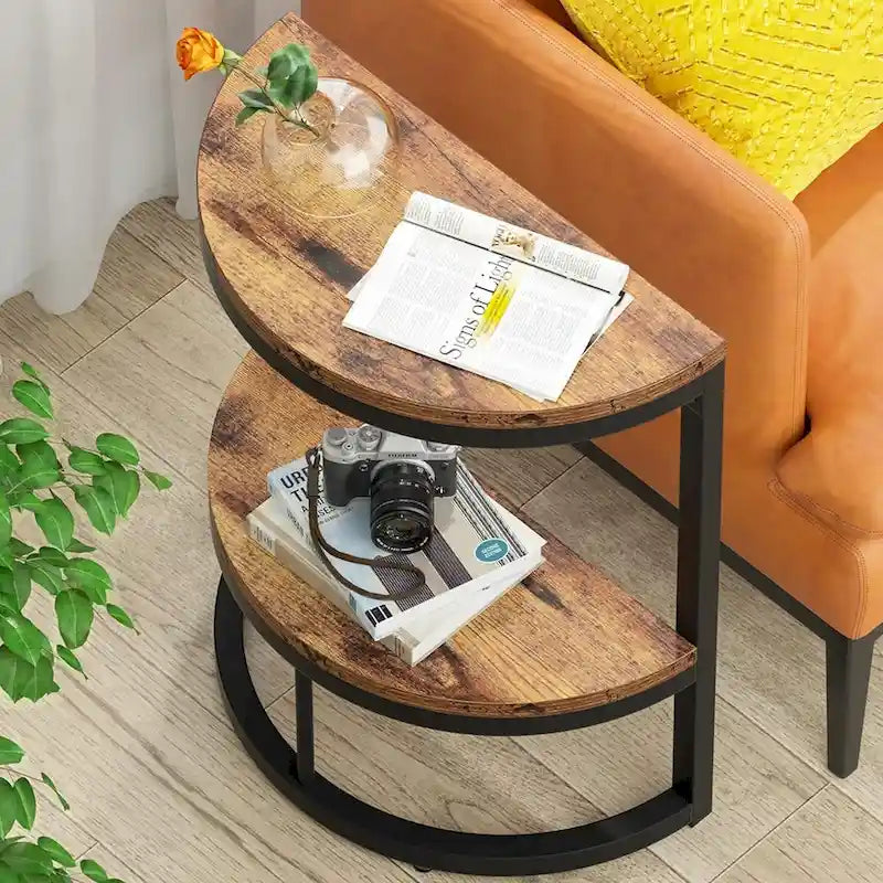 Table d'appoint demi-ronde à 2 niveaux avec rangement pour canapé, salon