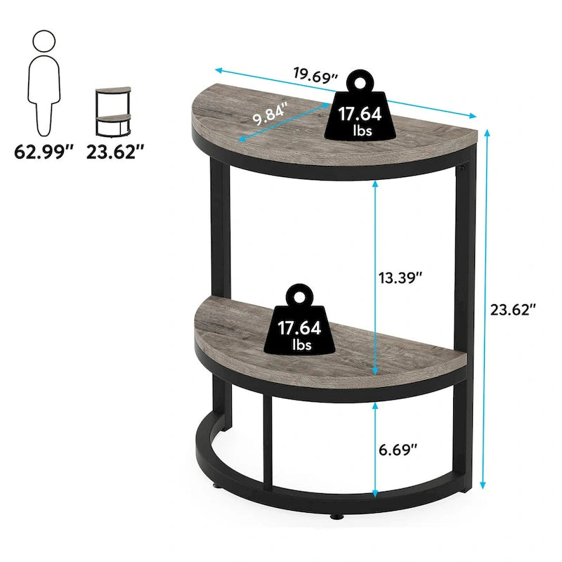 Table d'appoint demi-ronde à 2 niveaux avec rangement pour canapé, salon