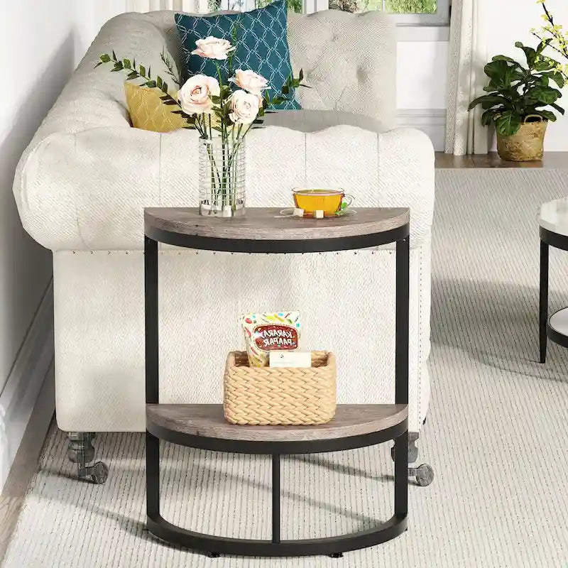 Table d'appoint demi-ronde à 2 niveaux avec rangement pour canapé, salon