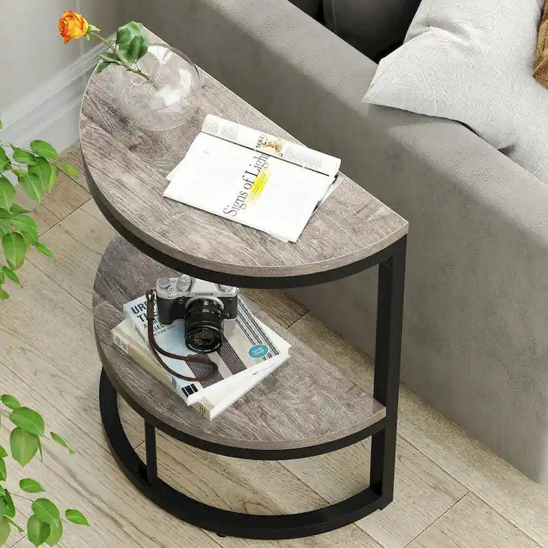 Table d'appoint demi-ronde à 2 niveaux avec rangement pour canapé, salon