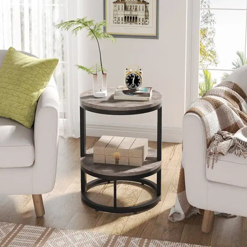 Table d'appoint demi-ronde à 2 niveaux avec rangement pour canapé, salon