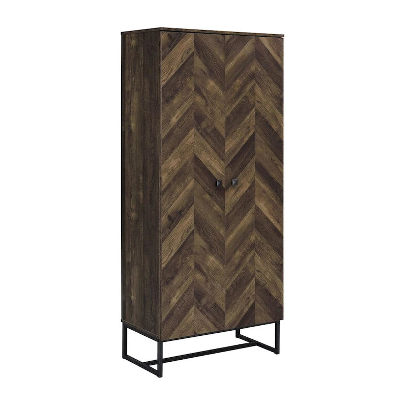 Armoire haute 2 portes de 180 cm, pieds traîneau, bois marron chevrons