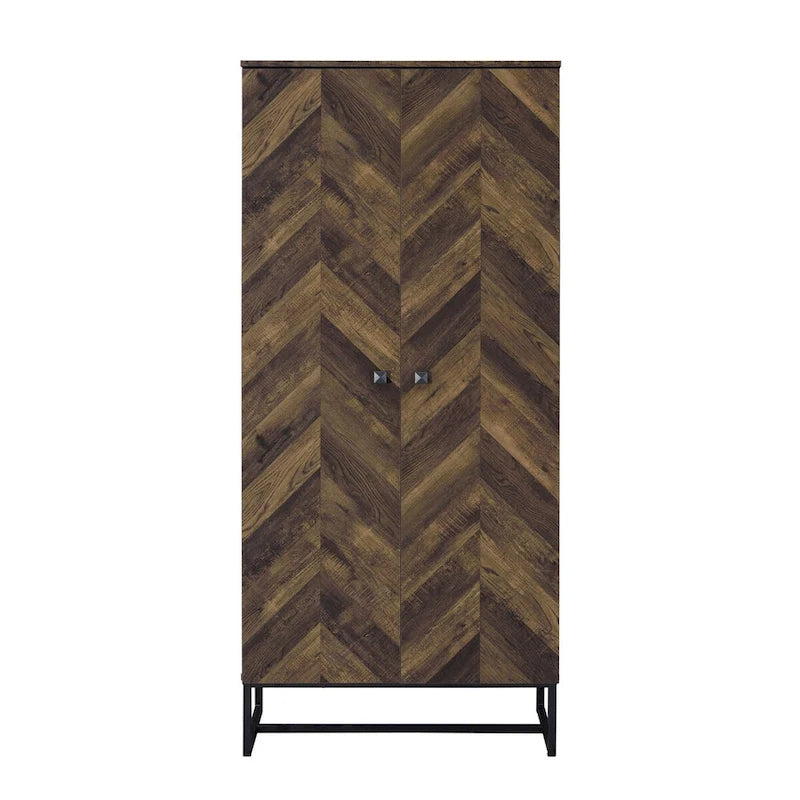 Armoire haute 2 portes de 180 cm, pieds traîneau, bois marron chevrons