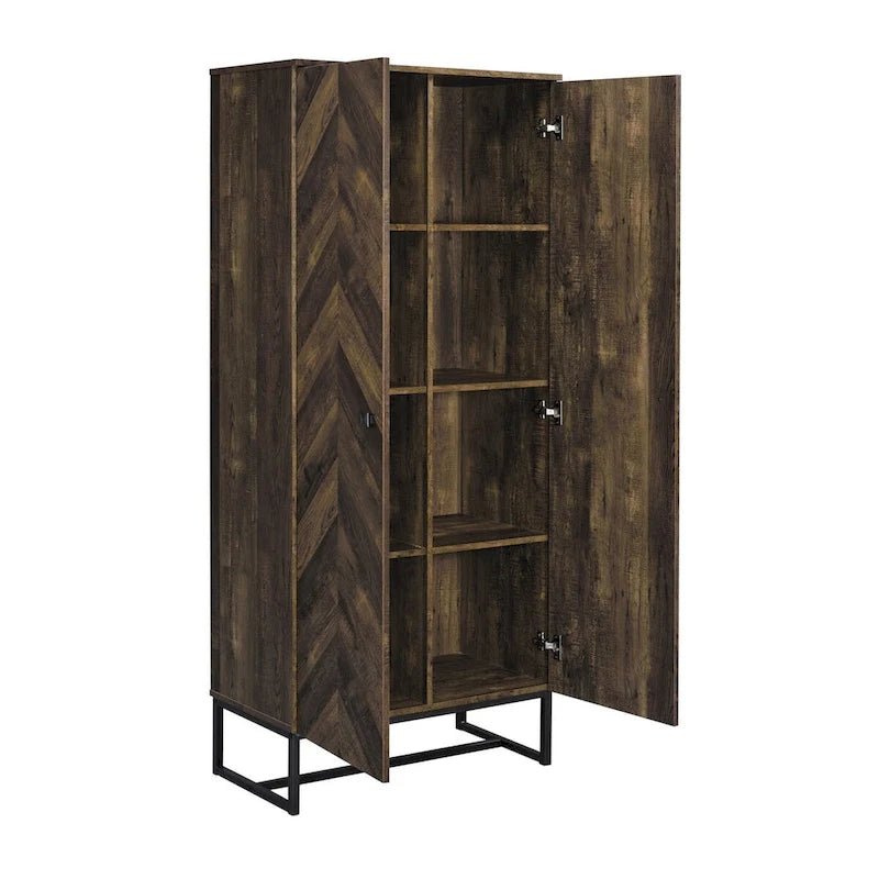 Armoire haute 2 portes de 180 cm, pieds traîneau, bois marron chevrons