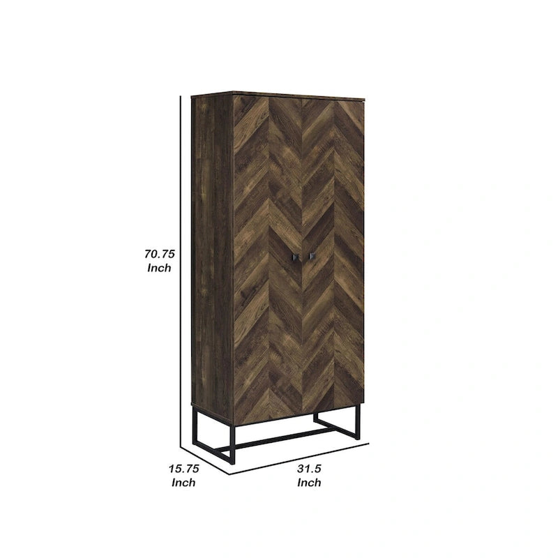 Armoire haute 2 portes de 180 cm, pieds traîneau, bois marron chevrons